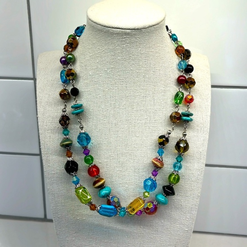 Rainbow Colored Mixed Beads on a Double Strand Necklace.